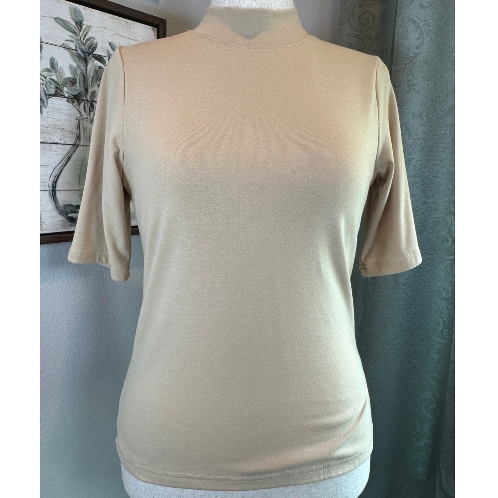Liyohon Oatmeal Mock Neck Short Sleeve Cotton Blend Fall Layering Top Women's M